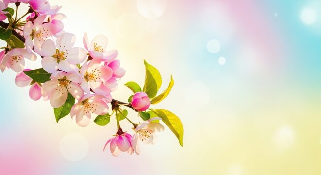 Delicate cherry blossom branch with soft pink petals and fresh green leaves against a dreamy, pastelcolored bokeh background