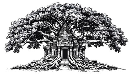 A majestic tree embraces an ancient stone structure, roots intertwined with the architecture, creating a harmonious grayscale composition