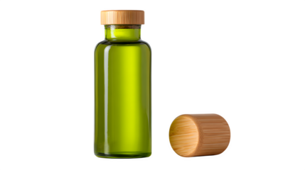 green olive oil bottle with wooden cap, culinary accessory, isolated on white background