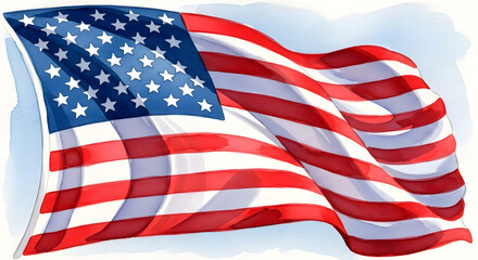Waving american flag with stars and stripes isolated on white background