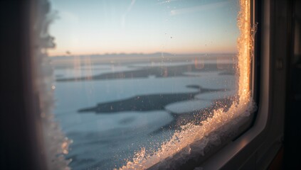 Ship Cabin Window with Frost, distant icy horizon over a calm frozen sea, soft winter light creating a serene and tranquil maritime atmosphere visuals