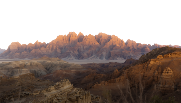Eroded desert mountains with sharp peaks glowing in warm sunset light against a vast, flat plain rock png - Powered by Adobe