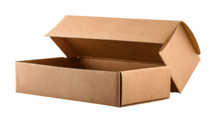 corrugated cardboard box with lid open, recyclable packaging concept, isolated on white background