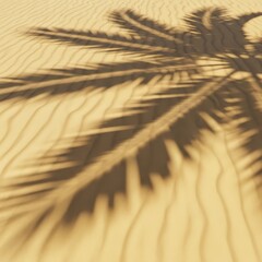 The shadow of a palm tree frond stretches across the rippled surface of a sand dune, creating a striking contrast of light and dark in the desert