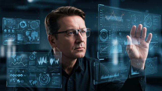 Caucasian man interacting with healthcare data on a transparent screen. Modern medical technology and scientific research footage.