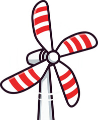 Candy‑striped pinwheel wind turbine &mdash; child‑friendly clean energy symbol; whimsical flat vector with red and white blades for climate education, green festivals, and sustainability posters