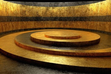 Golden Stage of Ascendancy: A captivating circular stage, draped in gleaming golden hues, stands ready to embrace prominence, under soft illumination.