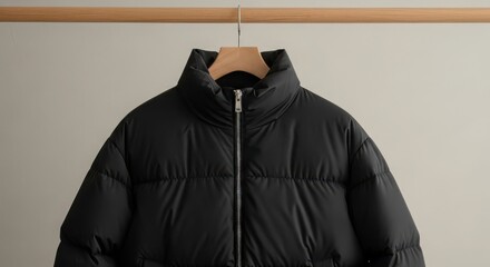 A black puffer jacket hangs on a wooden hanger against a neutral wall, showcasing its design and texture in a simple setting
