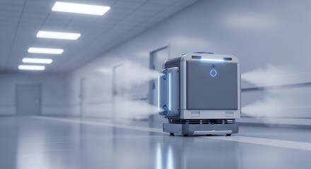 Sanitizing Robot in Hospital, Gray Futuristic Machine Disinfecting Hallway with Mist