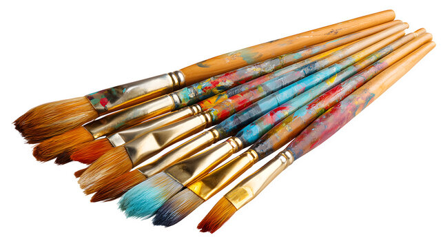 artist paint brushes bundle with wooden handles, creative art supplies, isolated on white background