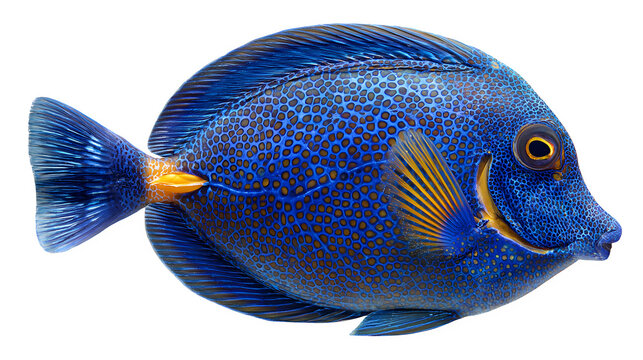 blue tang reef fish with vivid body pattern, tropical marine species, isolated on white background