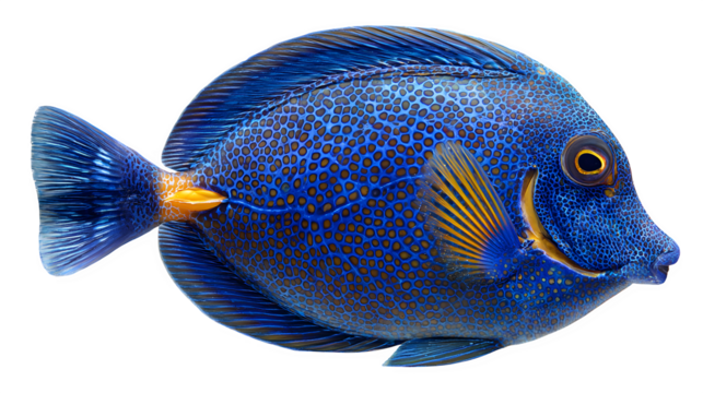 blue tang reef fish with vivid body pattern, tropical marine species, isolated on white background