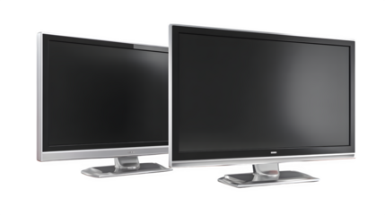 dual modern flat-screen televisions side-by-side, contemporary display devices, isolated on white background