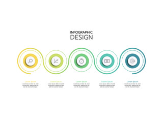 A modern, horizontal infographic design template featuring a five-step linear process with circular, colorful icons representing goals, growth, time, money, and focus. Vector illustration.