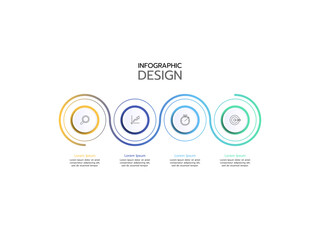 A horizontal infographic design template featuring a four-step process with wavy-lined connections between colorful circular icons representing business and technology themes. Vector illustration.