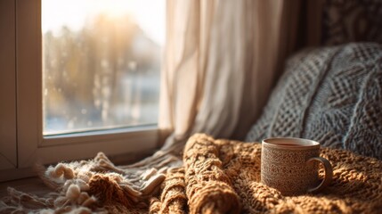 Cozy window scene with warm beverage