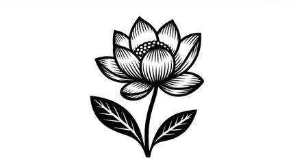 A black and white linocut-style illustration of a single lotus flower with eight petals.