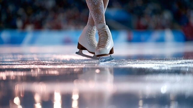 Figure skater's legs and ice skates standing on a freshly resurfaced ice rink, creating a reflection with sparkling ice particles during a winter sports competition