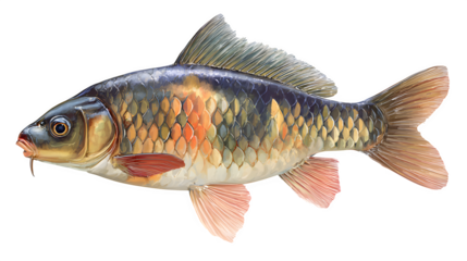European carp side profile, freshwater fish species realism, isolated on white background
