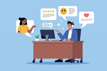 Online customer service interaction featuring positive feedback and communication via video call and chat bubbles