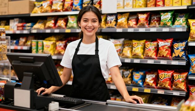 Friendly Asian cashier smiling at the checkout counter in a supermarket. Portrait of a female retail employee at her job. Customer service concept - Powered by Adobe