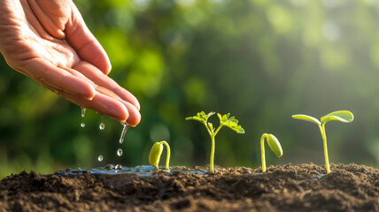A close-up photograph of a hand gently watering small seedlings growing from dark soil.