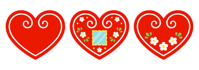 Licitar, traditional heart shaped Croatian gingerbread cookie. Three decorated red hearts set. Simple cartoon vector clipart illustration.