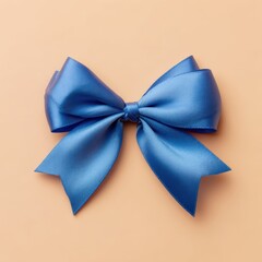 Naklejka premium Elegant Blue Satin Ribbon Bow on Soft Beige Background for Creative Gift Wrapping or Decoration Ideas