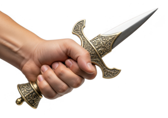 Hand holding an ornate dagger, showcasing its intricate design and sharp blade
