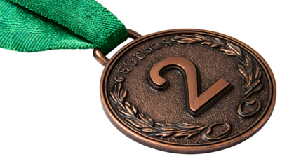 bronze medal with green ribbon and engraved number two, achievement award, isolated on white background