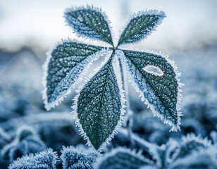 Close-up of a single plant leaf covered in delicate frost crystals, showcasing winter.