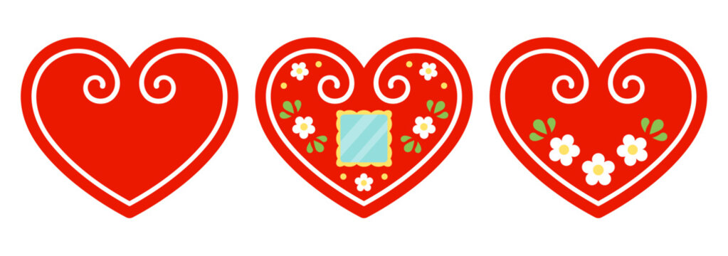 Licitar, traditional heart shaped Croatian gingerbread cookie. Three decorated red hearts set. Simple cartoon vector clipart illustration.