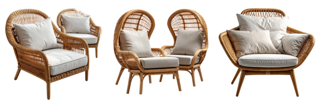 setof Minimalist Wicker Armchair Set with Cushions – Modern Lifestyle PNG