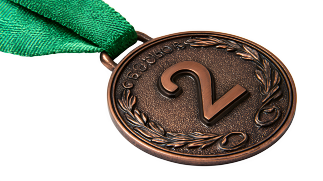 bronze medal with green ribbon and engraved number two, achievement award, isolated on white background