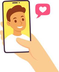 Video call with loved one. Female hand holding smartphone with boyfriend on screen. Online dating, long distance relationship concept. Flat cartoon vector illustration.