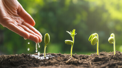 A close-up photograph of a hand gently watering small seedlings growing from dark soil.