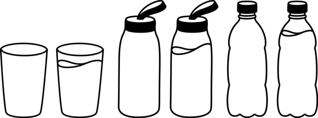 Glass of water, plastic water bottle and reusable glass bottle drawing set. Empty and full. Cartoon black and white doodle, vector clipart illustration.