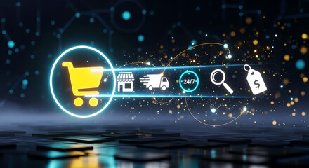 E-commerce Online Shopping Digital Marketing Global Delivery Dark Background