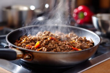 Cooking ground beef with vegetables in frying pan