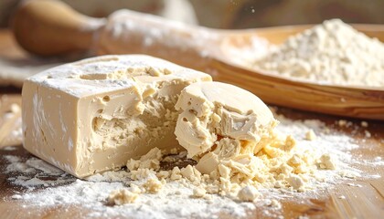Close-up of a block of yeast sitting on a wooden surface dusted with flour, alongside flour in a wooden bowl and rolling pin
