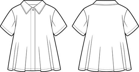 Short sleeve shirt dress flat sketch, button front blouse design, casual flared top technical drawing, women fashion apparel illustration template