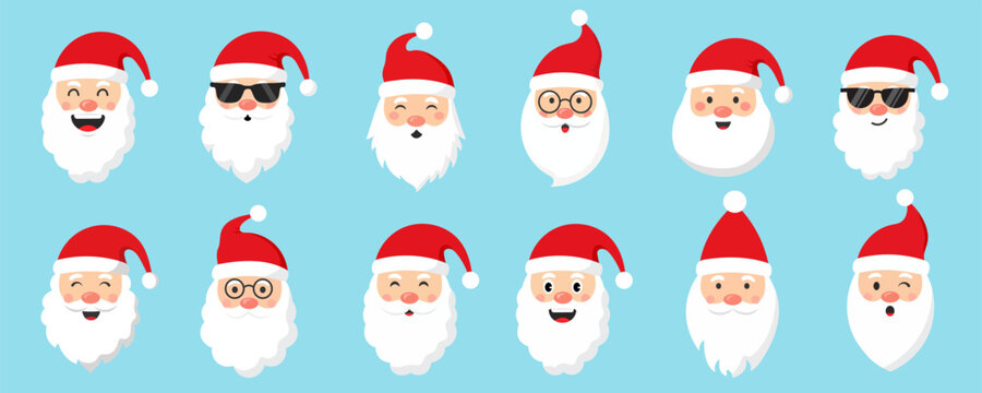 Set of Santa Claus face. Santa faces set. Christmas claus character set. Cute funny santa claus. Saint nick head for Christmas cards, banners, labels. Cute noel icon. collection of santa head.