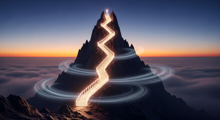 Success Path Mountain Staircase Glowing Light Sunset Sky With Copy Space