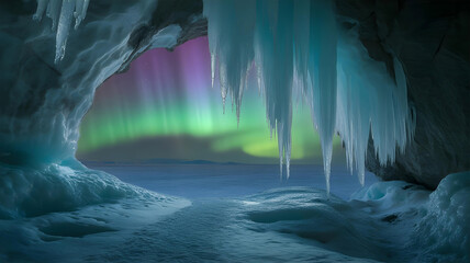 Breathtaking view from ice cave of Northern Lights (Aurora) over a snowy landscape with many ice stalactites.
