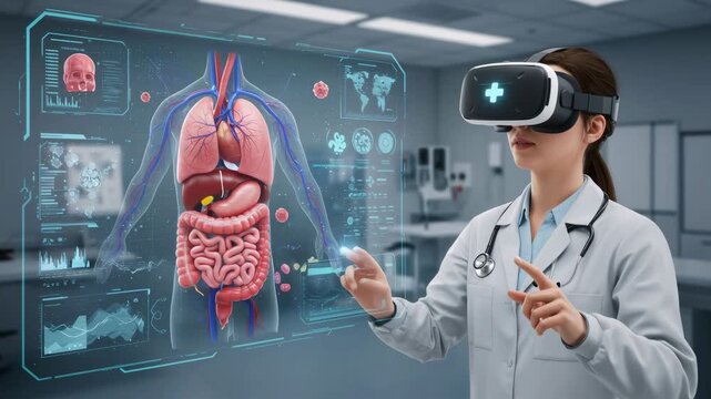 Woman doctor in vr headset interacting with human anatomy hologram. Modern medical education and virtual surgery simulation footage.