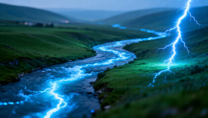 Dramatic night landscape with a winding river in a green valley, through which a bright blue electric discharge flows, and lightning strikes.