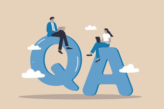 Creative qa concept with people interacting on large q and a letters suggesting question and answer collaboration and learning.