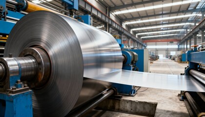 A large coil of rolled steel on an industrial production line. Sheet metal processing in a modern factory. Heavy industry and manufacturing background