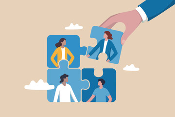 Team building strategy assembling diverse professionals completing a puzzle showing collaboration success and unity in business operations