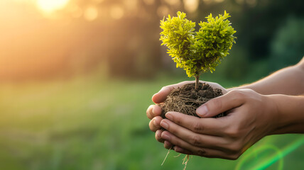 A close-up photograph of hands cradling a small green sapling with soil and roots visible.